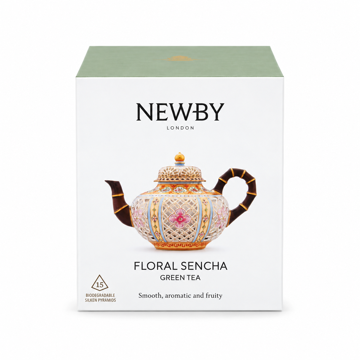 Newby Floral Sencha green tea, box of 15 silken pyramids — front view.