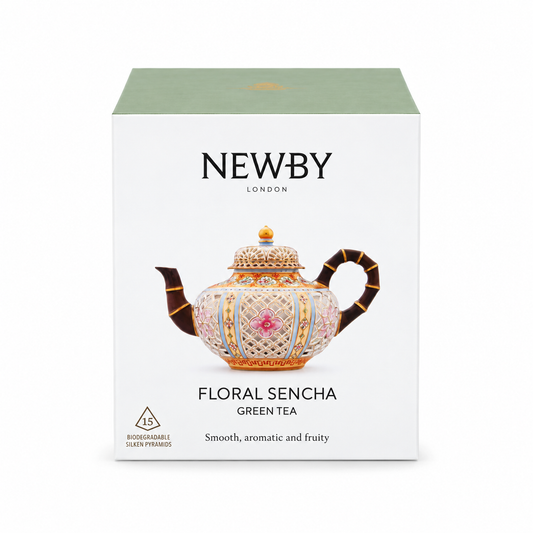 Newby Floral Sencha green tea, box of 15 silken pyramids — front view.