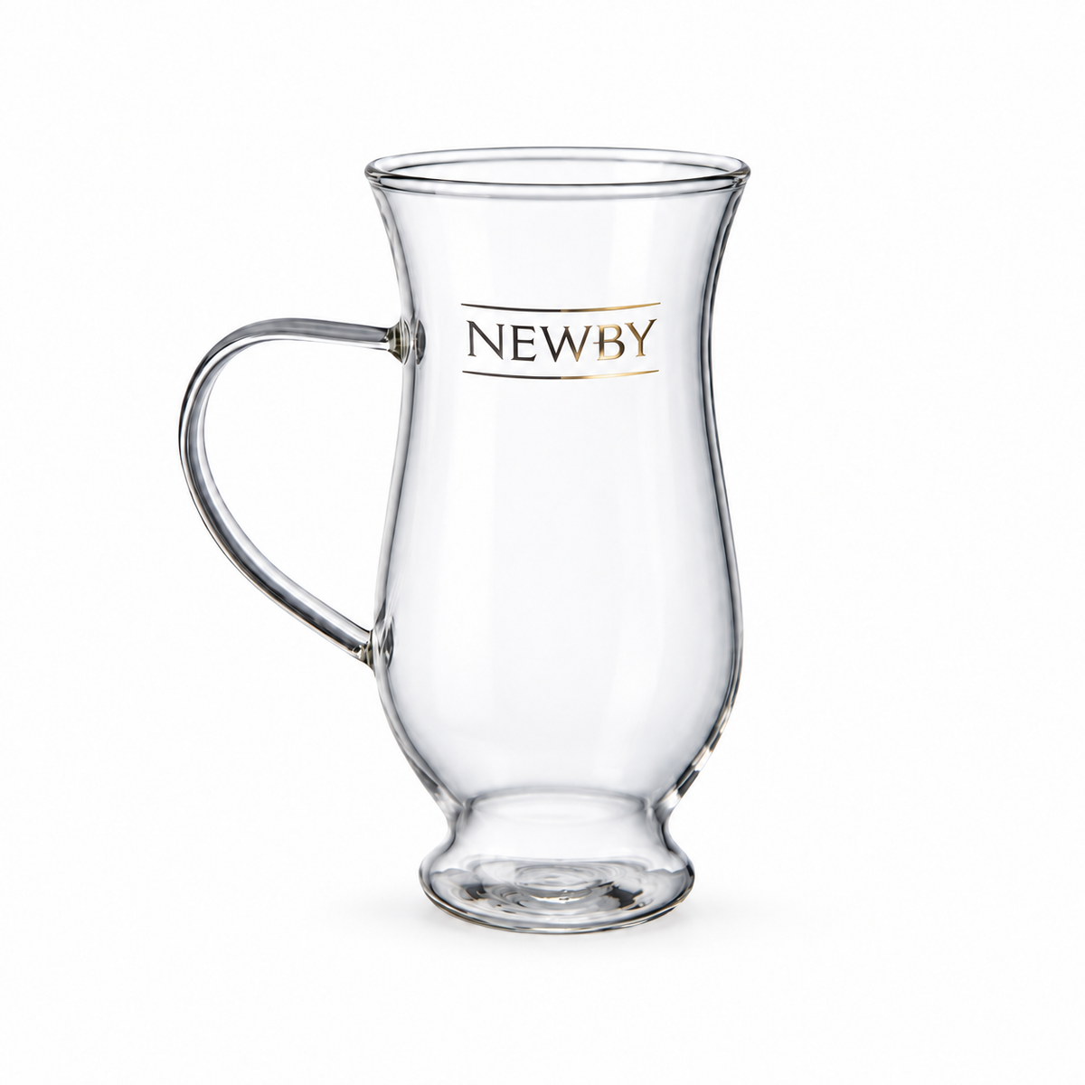Newby 300 ml glass cup with NEWBY wordmark, clear handle and pedestal foot.