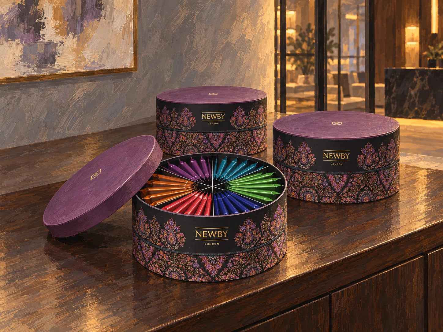 Painted Crown Black Tea Assortment gift boxes on a business reception console, one open to show the colourful tea sachets