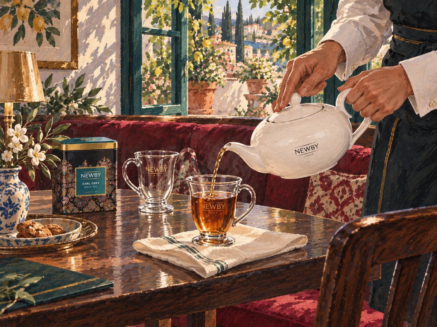 Painted close-up of tea being poured from a Newby teapot into a glass beside an Earl Grey caddy