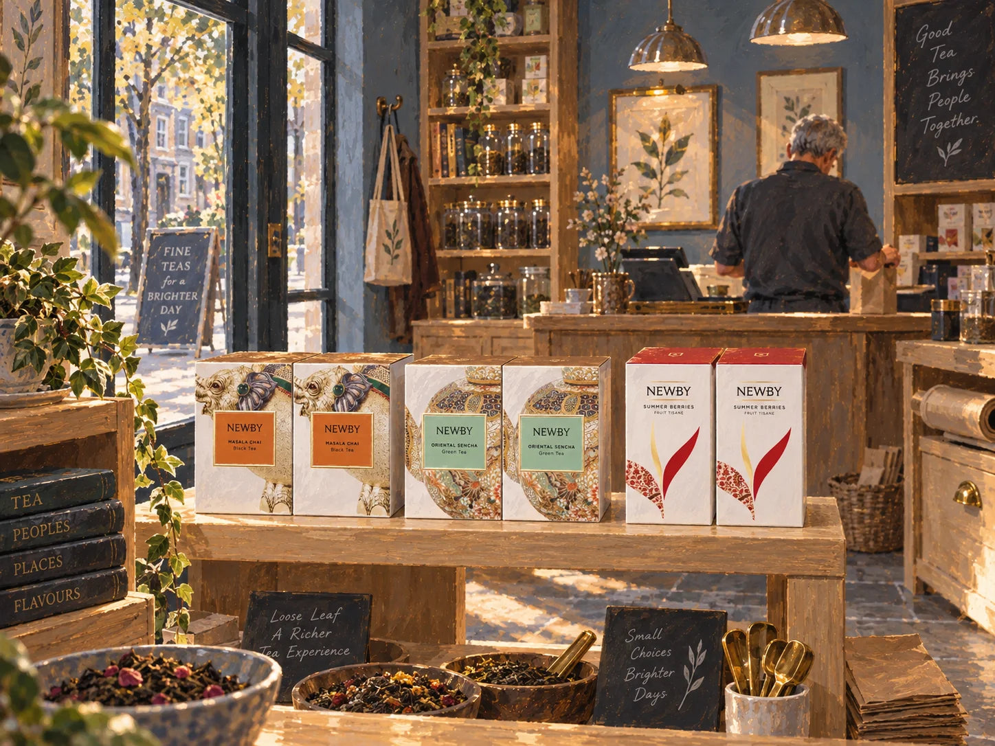 Illustrated specialist shop with Masala Chai, Oriental Sencha and Summer Berries on display and a shopkeeper working behind the counter