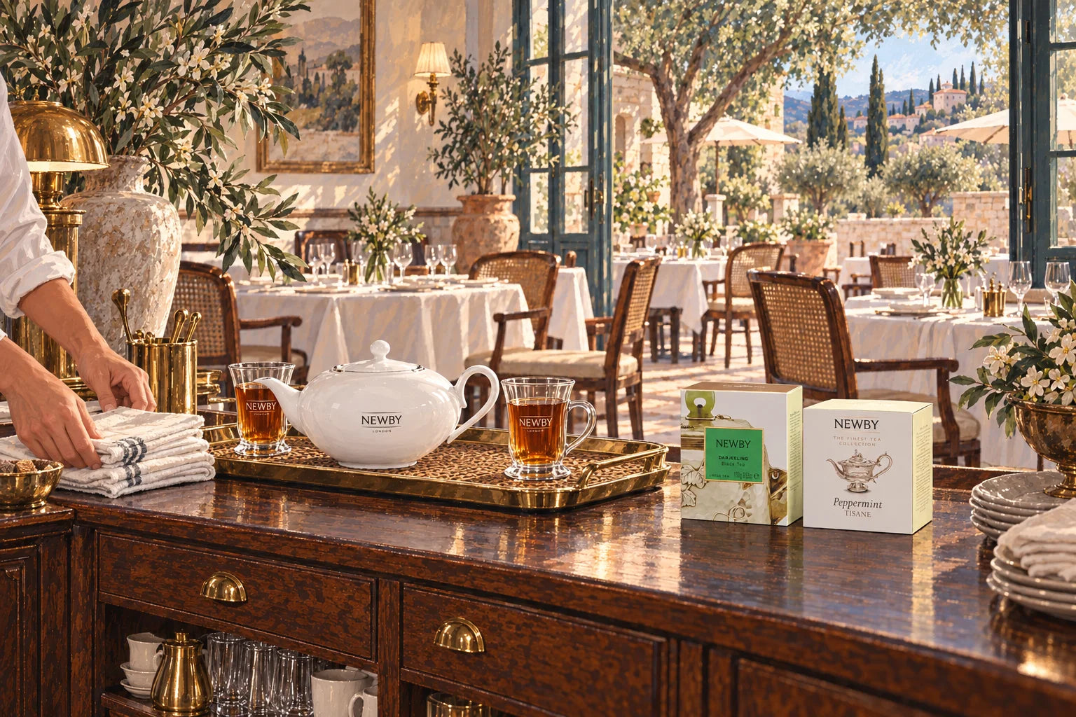 Painted restaurant tea station with Darjeeling and Peppermint, a Newby teapot and glasses, and a server's hands preparing linen